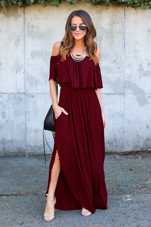 Off Shoulder Ruffle Flounce Smocked Waist Pocket Side Slit Maxi Dress