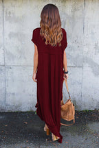 V-Neck Short Sleeve Pocket Side Slit Knotted Hem T-Shirt Maxi Dress