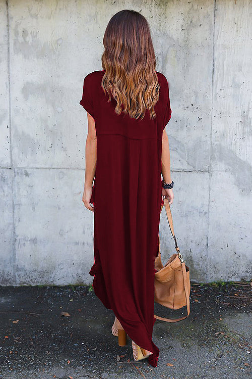 V-Neck Short Sleeve Pocket Side Slit Knotted Hem T-Shirt Maxi Dress