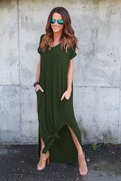 V-Neck Short Sleeve Pocket Side Slit Knotted Hem T-Shirt Maxi Dress