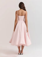 Lace Trim Corset Bustier Spaghetti Strap Pleated Pocket Tea Length Dress