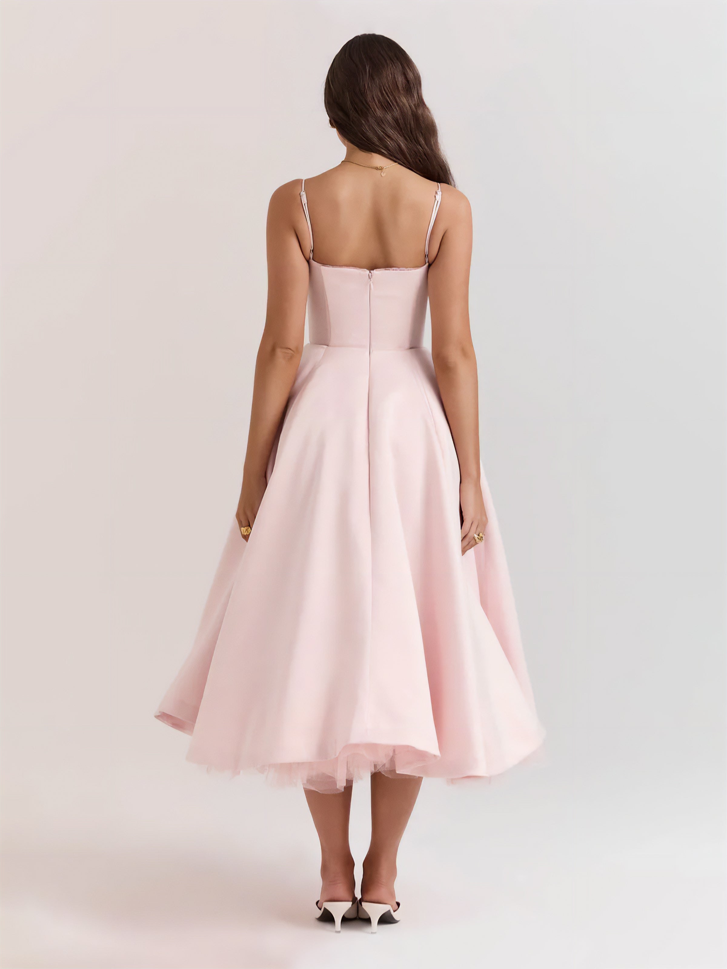 Lace Trim Corset Bustier Spaghetti Strap Pleated Pocket Tea Length Dress