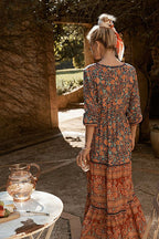 V Neck Button Front Tiered Boho Print High Slit Maxi Dress