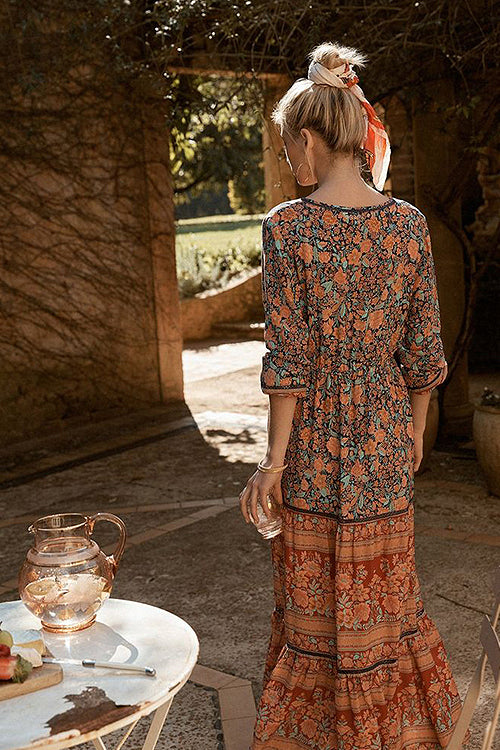 V Neck Button Front Tiered Boho Print High Slit Maxi Dress