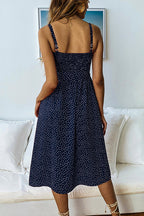 Polka Dot Smocked Bodice Button Front Tie Waist Midi Dress