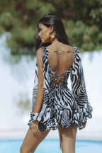 Wrap V-Neck Open Split Balloon Sleeve Tassel Tie Belt Ruffle Hem Mini Dress