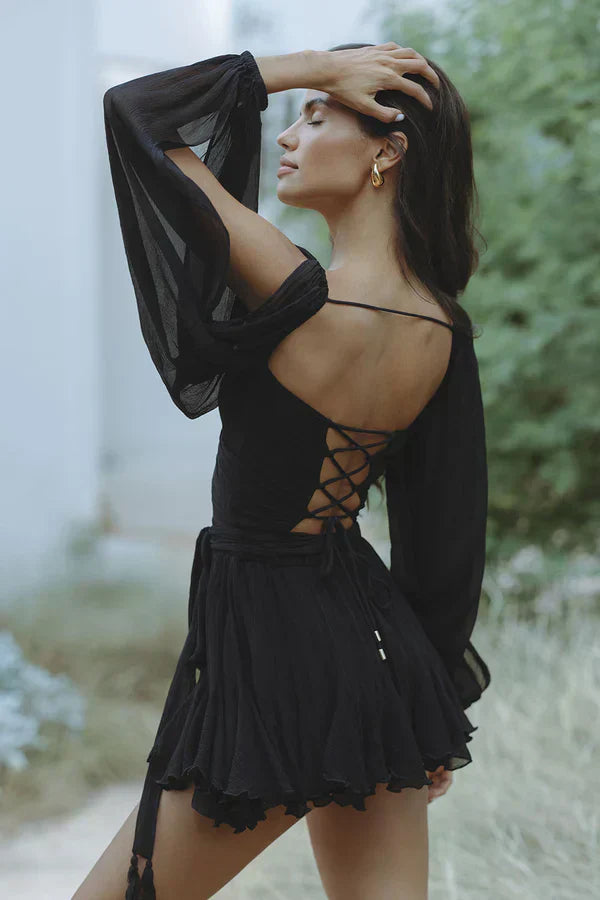 Madison Statement Dress with Flowing Sleeves and V Neck Evening Wear Edit