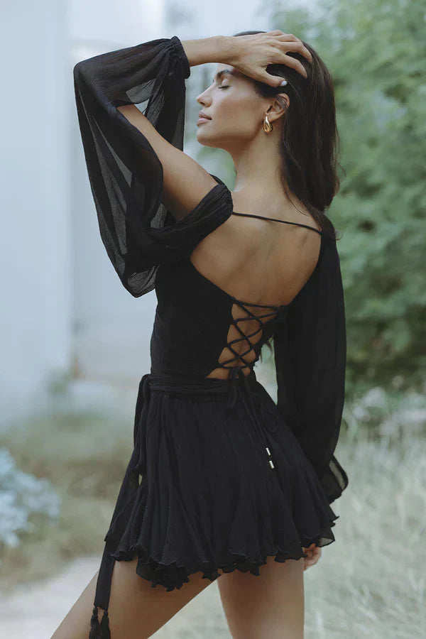 Wrap V-Neck Open Split Balloon Sleeve Tassel Tie Belt Ruffle Hem Mini Dress