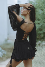 Wrap V-Neck Open Split Balloon Sleeve Tassel Tie Belt Ruffle Hem Mini Dress