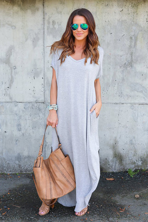 V-Neck Short Sleeve Pocket Side Slit Knotted Hem T-Shirt Maxi Dress