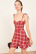 Plaid Bustier Tie Shoulder Ruffled Flounce Mini Dress