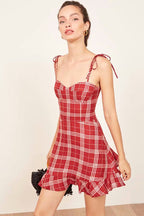 Plaid Bustier Tie Shoulder Ruffled Flounce Mini Dress