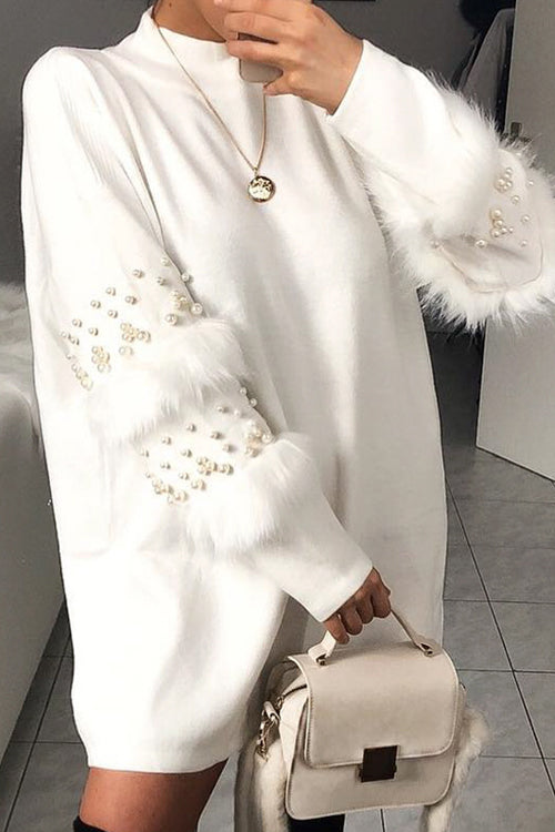 Mock Neck Pearl Embellished Faux Fur Trim Oversized Sweater Mini Dress