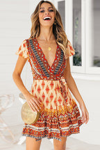 Boho Print Flutter Sleeve Wrap Tie Waist Mini Dress