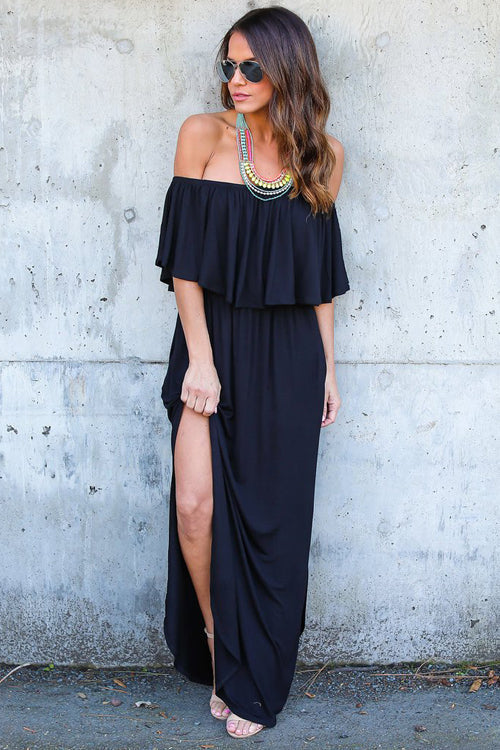 Off Shoulder Ruffle Flounce Smocked Waist Pocket Side Slit Maxi Dress