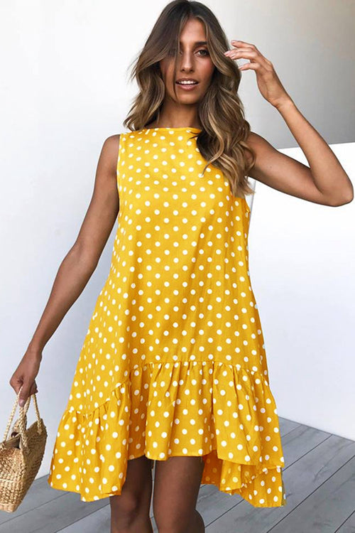 Polka Dot Crew Neck Sleeveless Ruffle Hem A-Line Mini Dress