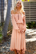 Off Shoulder Tie Front Tassel Crochet Sleeve High-Low Ruffle Hem Maxi Dress