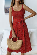 Polka Dot Smocked Bodice Button Front Tie Waist Midi Dress