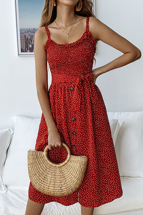 Polka Dot Smocked Bodice Button Front Tie Waist Midi Dress