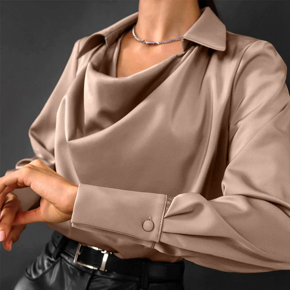 | Women's Drape Neck Long Sleeve Satin Blouse