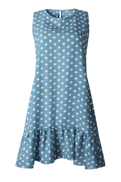 Polka Dot Crew Neck Sleeveless Ruffle Hem A-Line Mini Dress