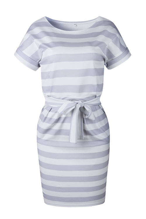 Boat Neck Short Sleeve Belted Bow Waist Pencil Midi Dress