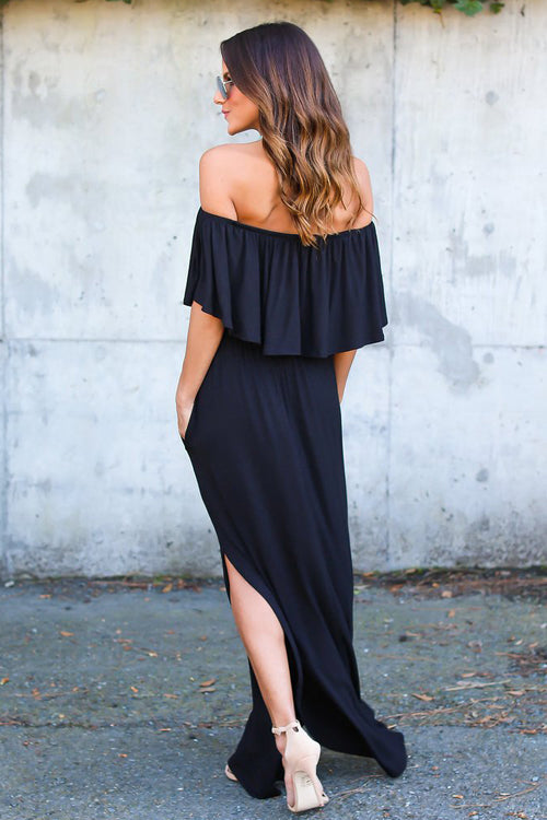 Off Shoulder Ruffle Flounce Smocked Waist Pocket Side Slit Maxi Dress