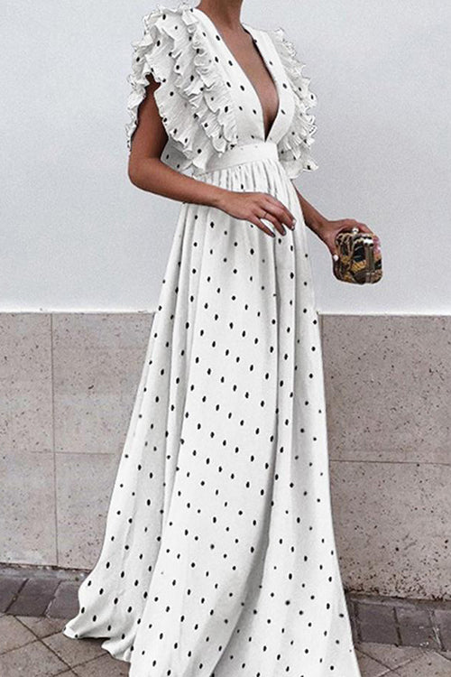 Deep V-Neck Tiered Ruffle Flutter Sleeve Gathered Maxi Gown