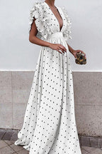 Deep V-Neck Tiered Ruffle Flutter Sleeve Gathered Maxi Gown