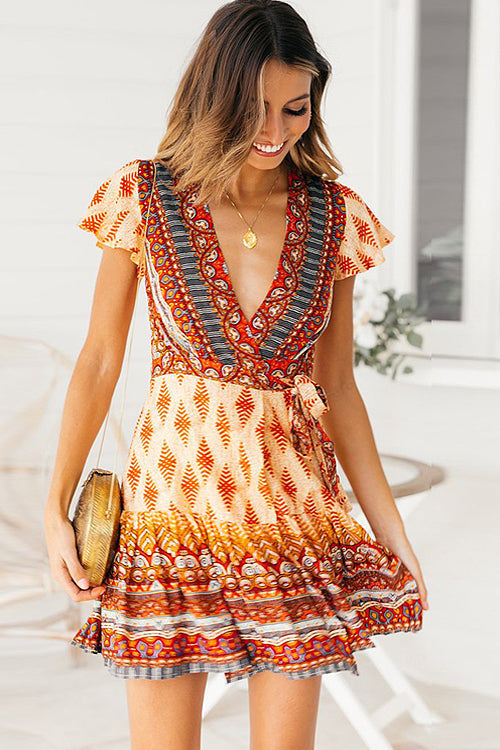 Boho Print Flutter Sleeve Wrap Tie Waist Mini Dress