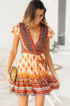 Boho Print Flutter Sleeve Wrap Tie Waist Mini Dress