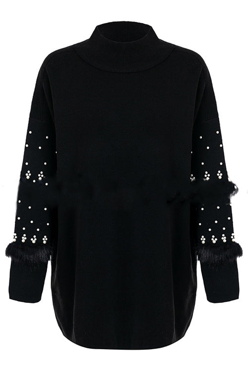 Mock Neck Pearl Embellished Faux Fur Trim Oversized Sweater Mini Dress