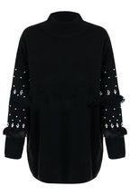 Mock Neck Pearl Embellished Faux Fur Trim Oversized Sweater Mini Dress