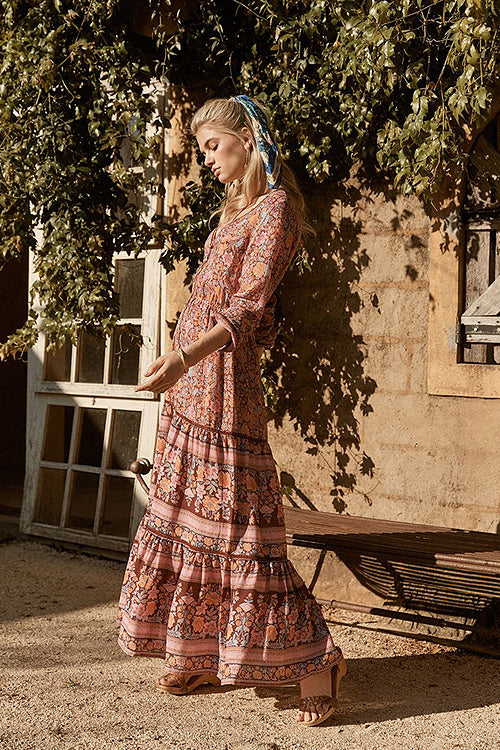 V Neck Button Front Tiered Boho Print High Slit Maxi Dress
