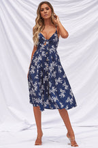 Spaghetti Strap Sweetheart Tie Front Cutout Button Front Floral Midi Dress