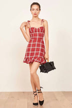 Plaid Bustier Tie Shoulder Ruffled Flounce Mini Dress