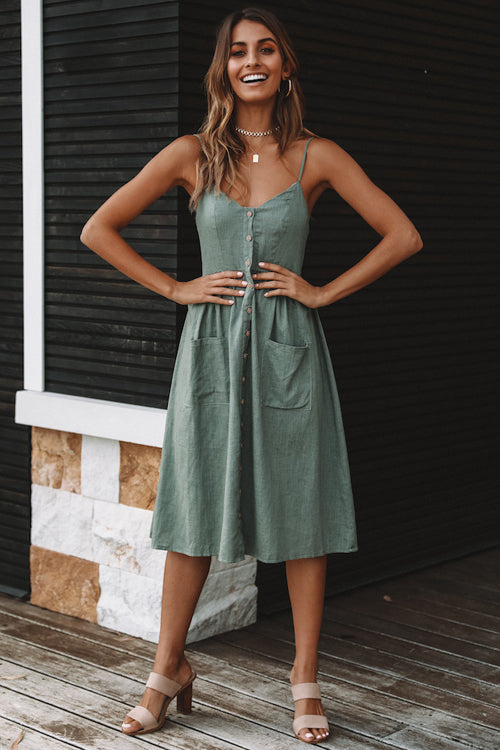 Textured Button Front Patch Pocket Spaghetti Strap Midi Dress