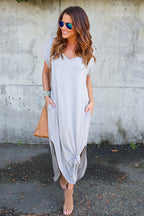 V-Neck Short Sleeve Pocket Side Slit Knotted Hem T-Shirt Maxi Dress