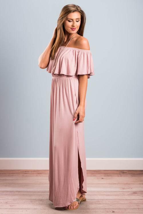 Off Shoulder Ruffle Flounce Smocked Waist Pocket Side Slit Maxi Dress