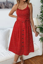 Polka Dot Smocked Bodice Button Front Tie Waist Midi Dress