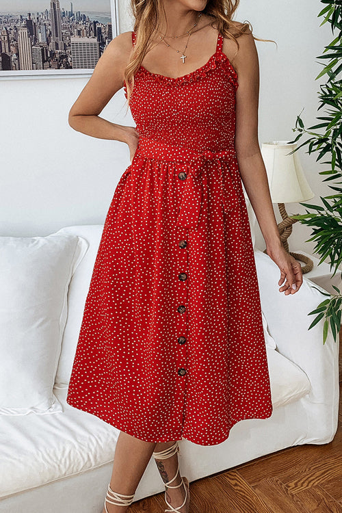 Polka Dot Smocked Bodice Button Front Tie Waist Midi Dress