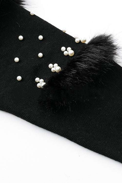 Mock Neck Pearl Embellished Faux Fur Trim Oversized Sweater Mini Dress