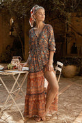 V Neck Button Front Tiered Boho Print High Slit Maxi Dress