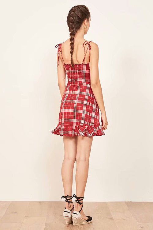 Plaid Bustier Tie Shoulder Ruffled Flounce Mini Dress