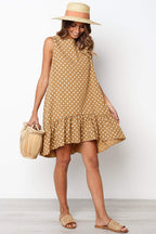 Polka Dot Crew Neck Sleeveless Ruffle Hem A-Line Mini Dress