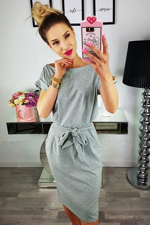 Boat Neck Short Sleeve Belted Bow Waist Pencil Midi Dress