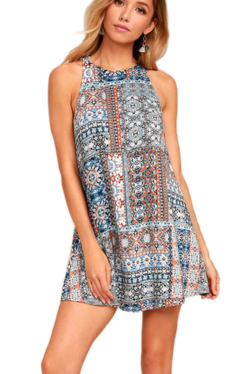 Boho Geometric Print Crew Neck Sleeveless A-Line Mini Dress