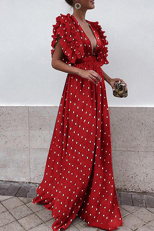 Deep V-Neck Tiered Ruffle Flutter Sleeve Gathered Maxi Gown