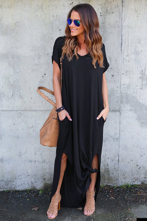 V-Neck Short Sleeve Pocket Side Slit Knotted Hem T-Shirt Maxi Dress