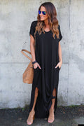 V-Neck Short Sleeve Pocket Side Slit Knotted Hem T-Shirt Maxi Dress
